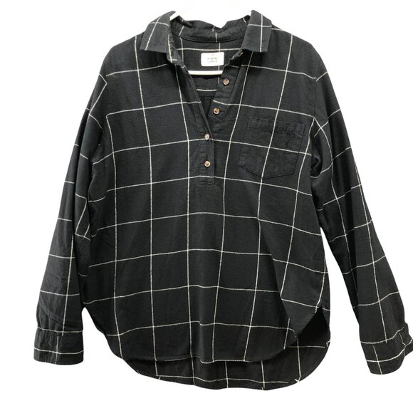 Marine Layer Flannel Popover Shirt Womens L Black Grid Plaid Organic Cotton - Picture 1 of 8